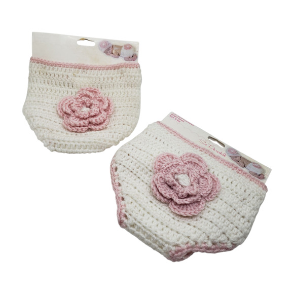 So Dorable Other - 2 Pair NEW Hand Crocheted Diaper Cover Baby Girls 0-6 Months White Pink Flower